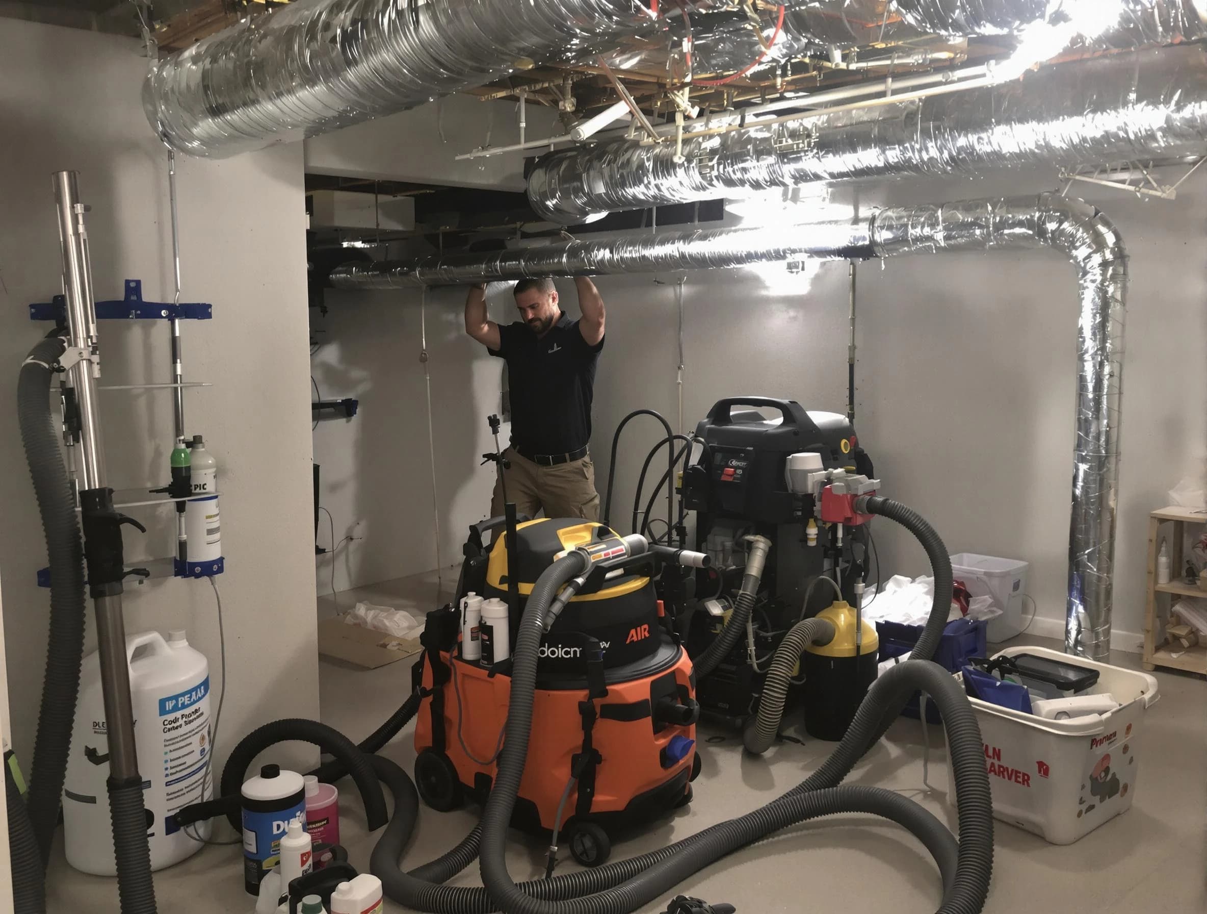 Conley Air Duct Cleaning specialist performing professional mold removal from air ducts using safety equipment in Conley